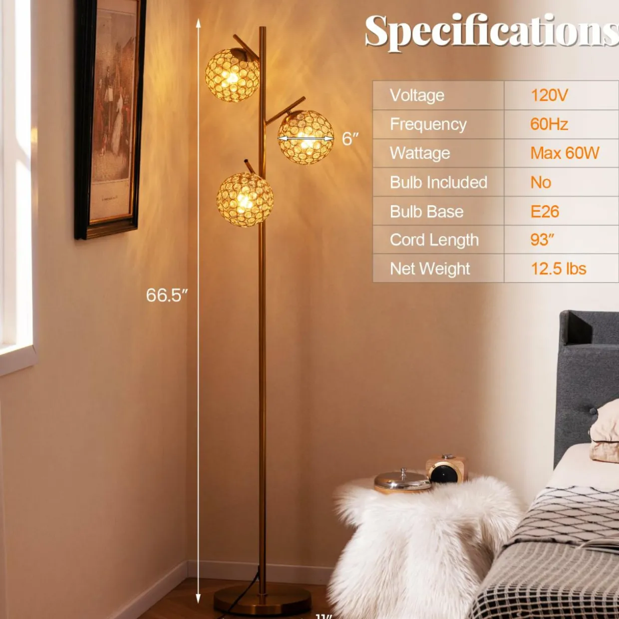 Tangkula 3-Globe Floor Lamp, Freestanding Tree Lamp w/Foot Switch & 3 E26 Bulb Bases (Golden, 3-Globe)