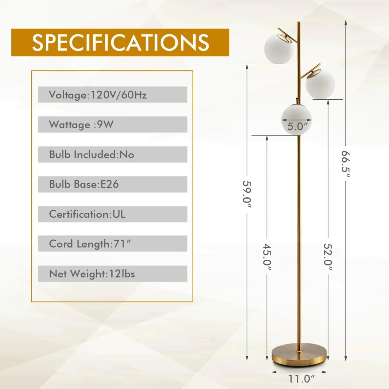 Tangkula 3-Globe Floor Lamp, Modern Freestanding Lamp