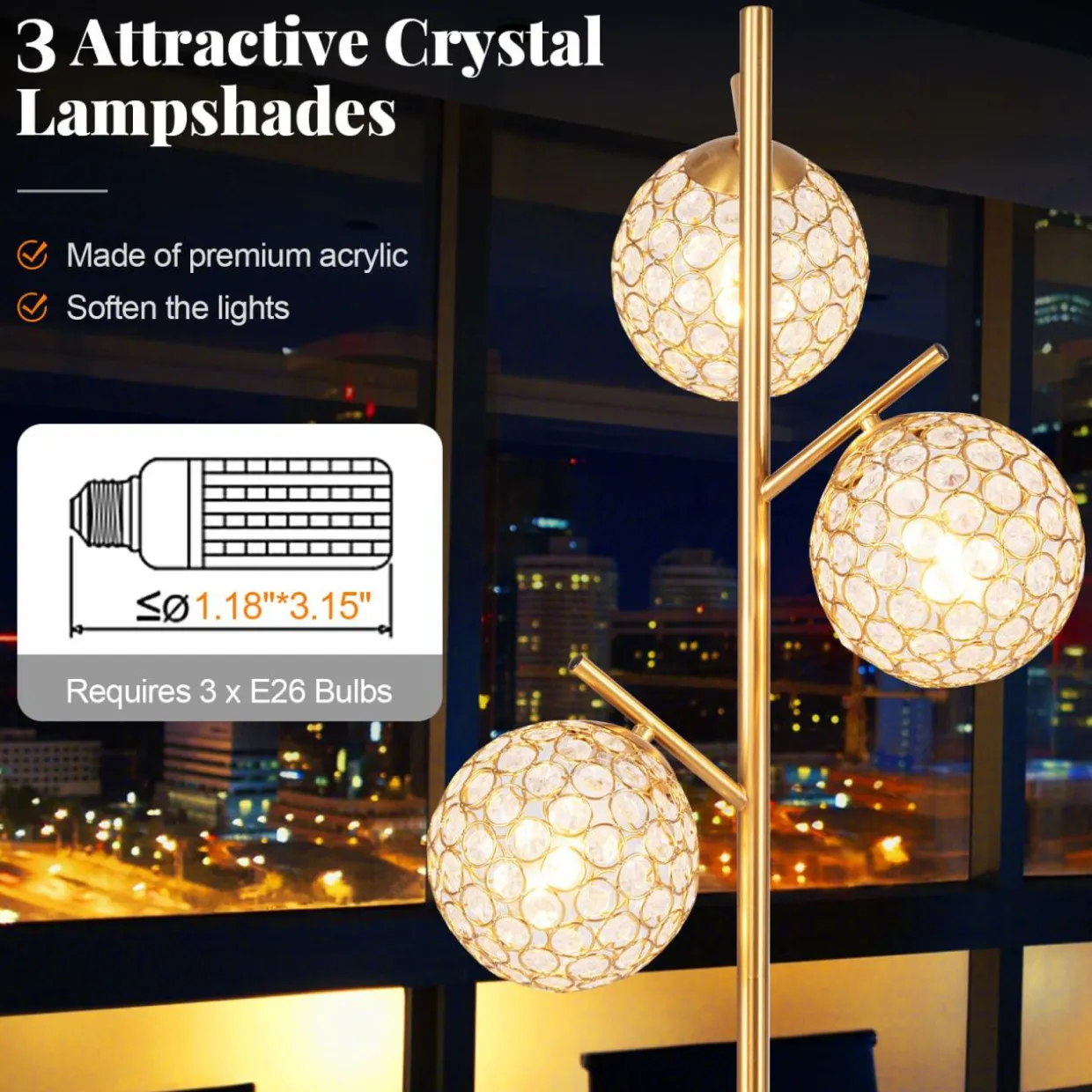 Tangkula 3-Globe Floor Lamp, Freestanding Tree Lamp w/Foot Switch & 3 E26 Bulb Bases (Golden, 3-Globe)