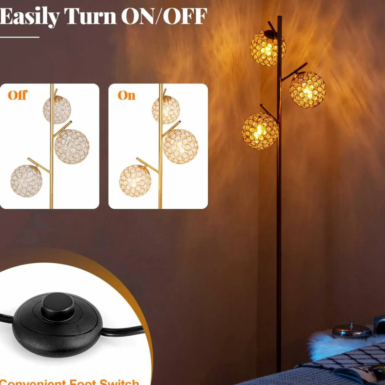 Tangkula 3-Globe Floor Lamp, Freestanding Tree Lamp w/Foot Switch & 3 E26 Bulb Bases (Golden, 3-Globe)