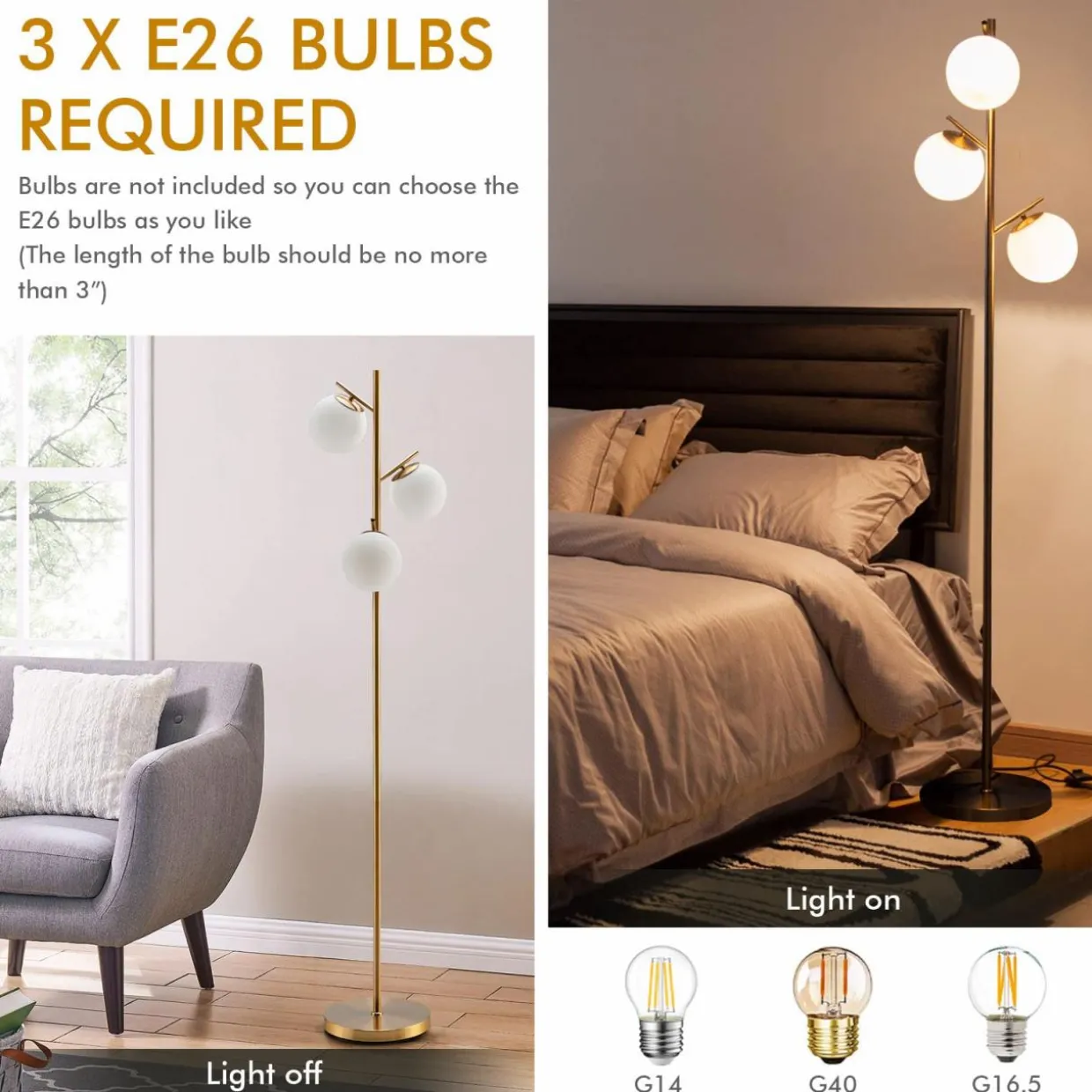 Tangkula 3-Globe Floor Lamp, Modern Freestanding Lamp