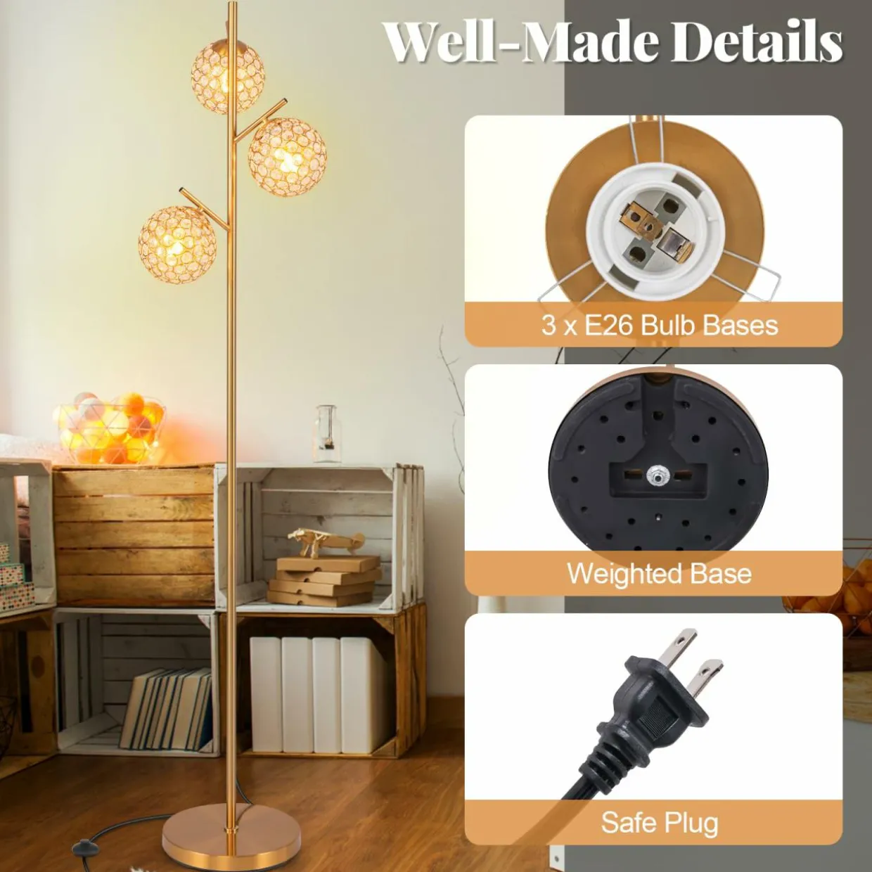 Tangkula 3-Globe Floor Lamp, Freestanding Tree Lamp w/Foot Switch & 3 E26 Bulb Bases (Golden, 3-Globe)