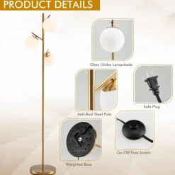 Tangkula 3-Globe Floor Lamp, Modern Freestanding Lamp