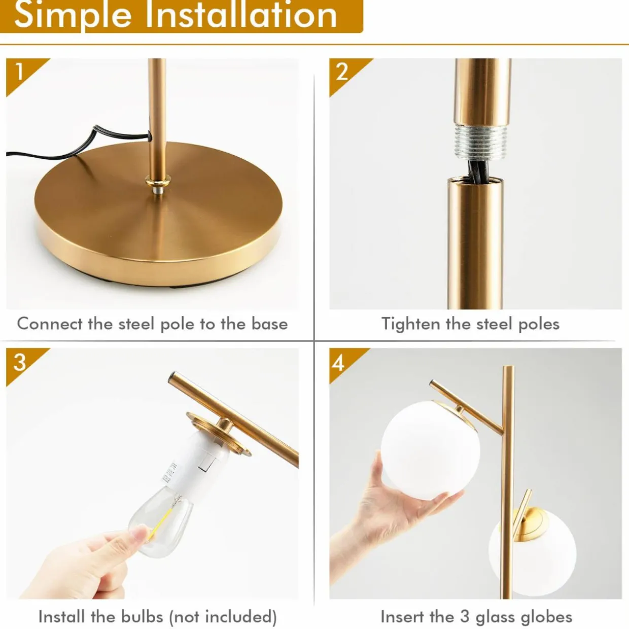 Tangkula 3-Globe Floor Lamp, Modern Freestanding Lamp