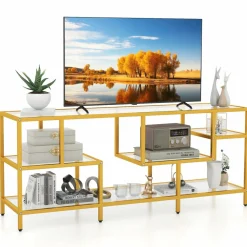 Tangkula Gold TV Stand for TVs up to 65”, 58” TV Console Table with Tempered Glass Shelves & Golden Metal Frame