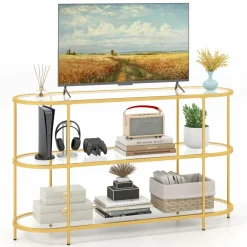 Tangkula Gold TV Stand for TVs up to 65”, 55” 3-Tier TV Console Table with Tempered Glass Shelves & Golden Metal Frame