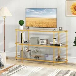 Tangkula Gold TV Stand for TVs up to 65”, 55” 3-Tier TV Console Table with Tempered Glass Shelves & Golden Metal Frame
