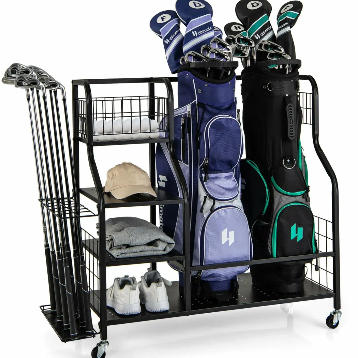 Tangkula Golf Bag Storage Rack for Garage, Golf Bags Stand with 3-Tire Storage Rack, Top Golf Basket