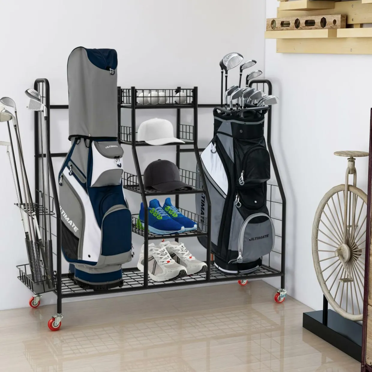 Tangkula Golf Bag Storage Rack for Garage, Heavy Duty Metal Double Golf Bag Storage Rack with Removable Golf Club Stand