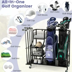 Tangkula Golf Bag Storage Rack for Garage, Golf Bags Stand with 3-Tire Storage Rack, Top Golf Basket