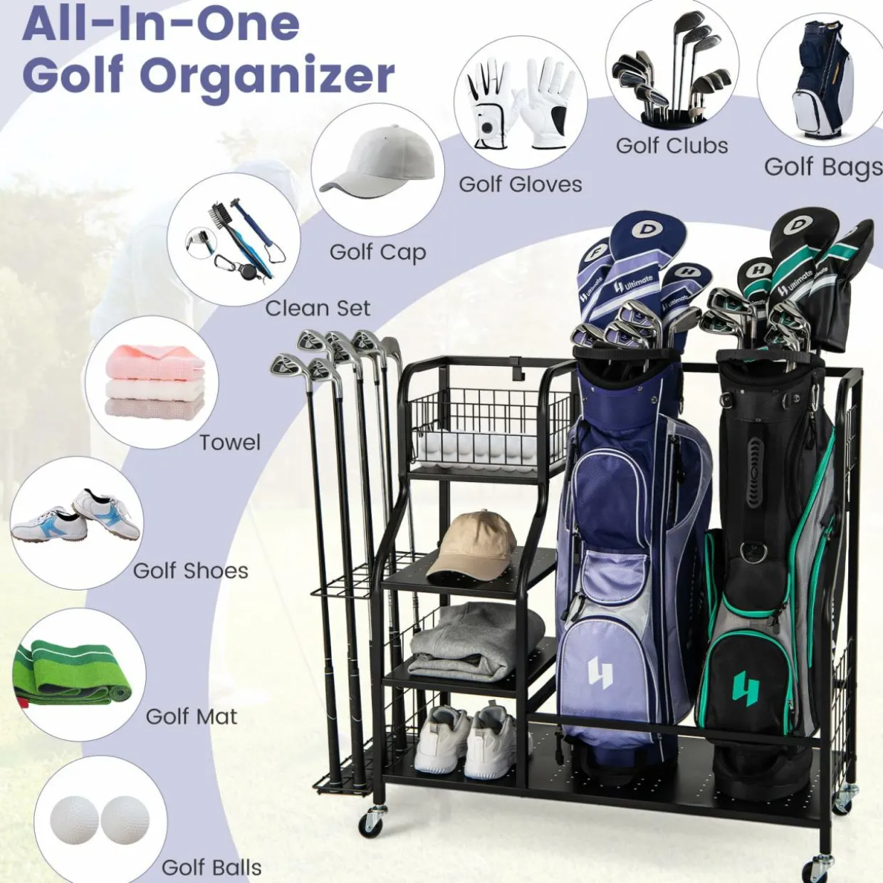 Tangkula Golf Bag Storage Rack for Garage, Golf Bags Stand with 3-Tire Storage Rack, Top Golf Basket