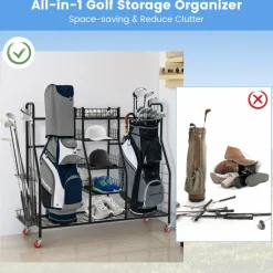 Tangkula Golf Bag Storage Rack for Garage, Heavy Duty Metal Double Golf Bag Storage Rack with Removable Golf Club Stand