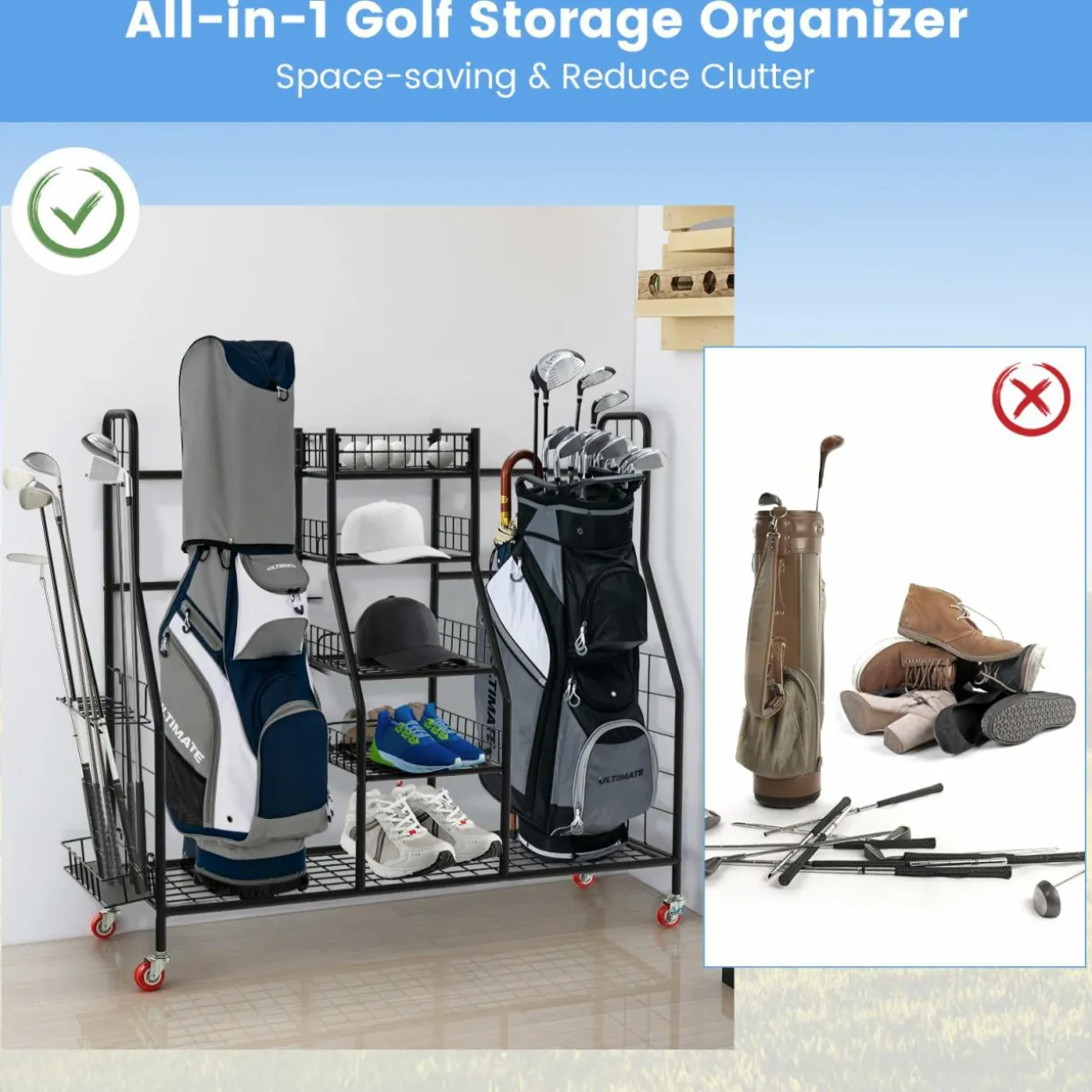 Tangkula Golf Bag Storage Rack for Garage, Heavy Duty Metal Double Golf Bag Storage Rack with Removable Golf Club Stand
