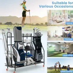 Tangkula Golf Bag Storage Rack for Garage, Heavy Duty Metal Double Golf Bag Storage Rack with Removable Golf Club Stand