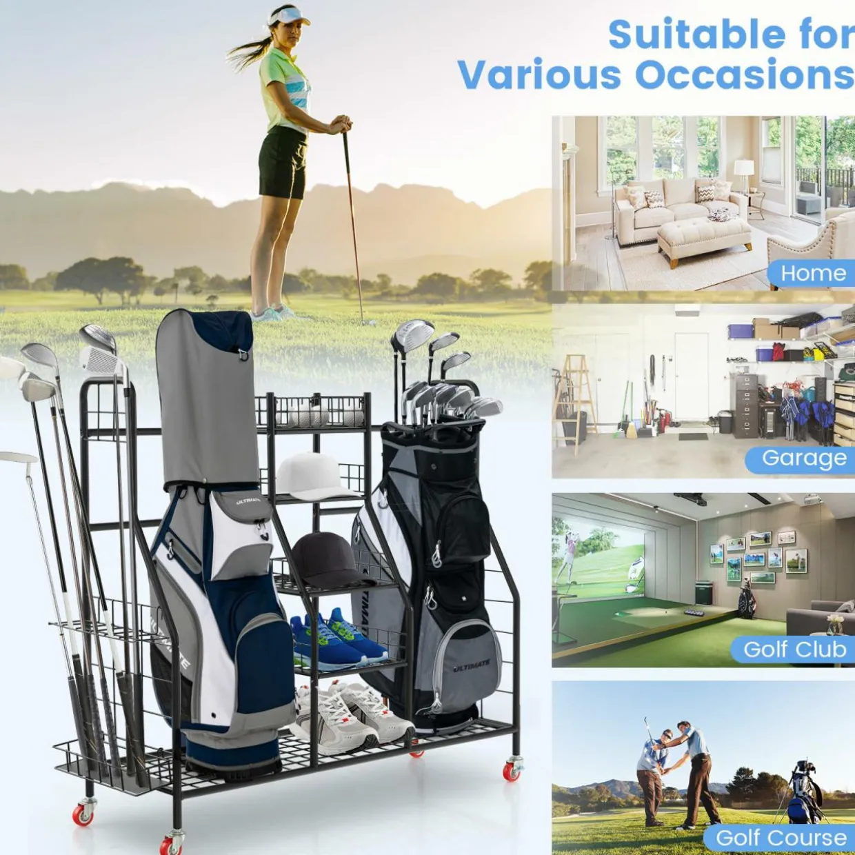Tangkula Golf Bag Storage Rack for Garage, Heavy Duty Metal Double Golf Bag Storage Rack with Removable Golf Club Stand