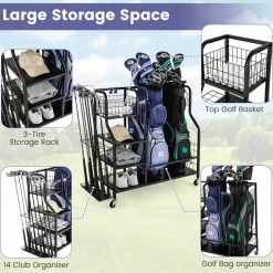 Tangkula Golf Bag Storage Rack for Garage, Golf Bags Stand with 3-Tire Storage Rack, Top Golf Basket