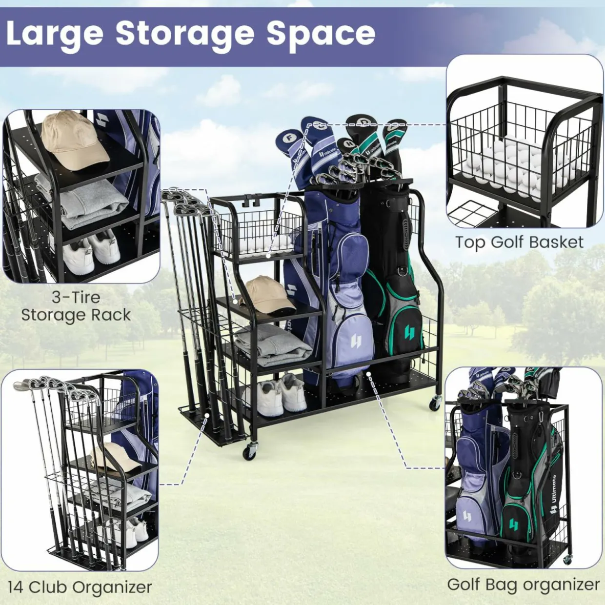 Tangkula Golf Bag Storage Rack for Garage, Golf Bags Stand with 3-Tire Storage Rack, Top Golf Basket