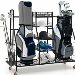 Tangkula Golf Bag Storage Rack for Garage, Heavy Duty Metal Double Golf Bag Storage Rack with Removable Golf Club Stand