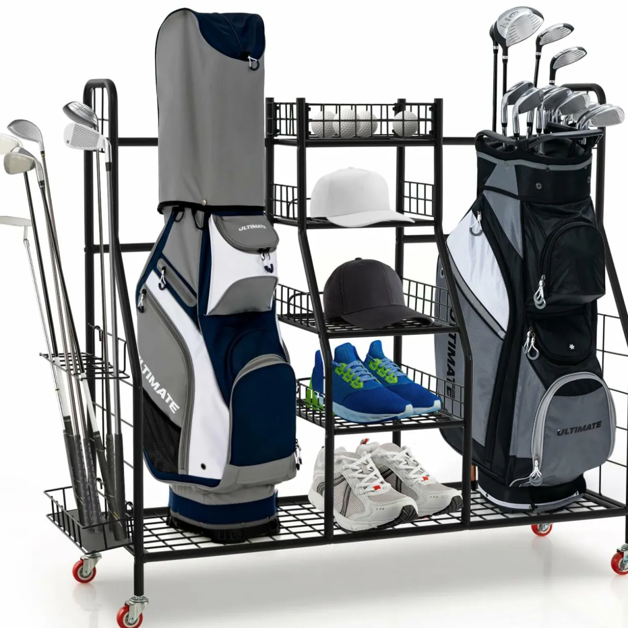 Tangkula Golf Bag Storage Rack for Garage, Heavy Duty Metal Double Golf Bag Storage Rack with Removable Golf Club Stand