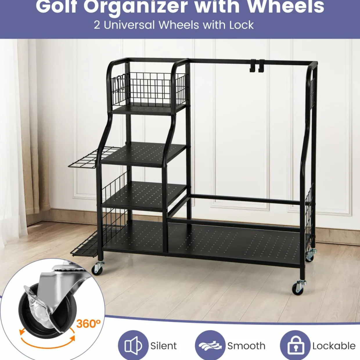 Tangkula Golf Bag Storage Rack for Garage, Golf Bags Stand with 3-Tire Storage Rack, Top Golf Basket