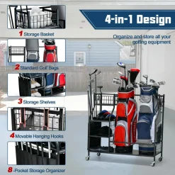 Tangkula Golf Bag Storage Rack for Garage, Golf Bag Organizer with Lockable Universal Wheels