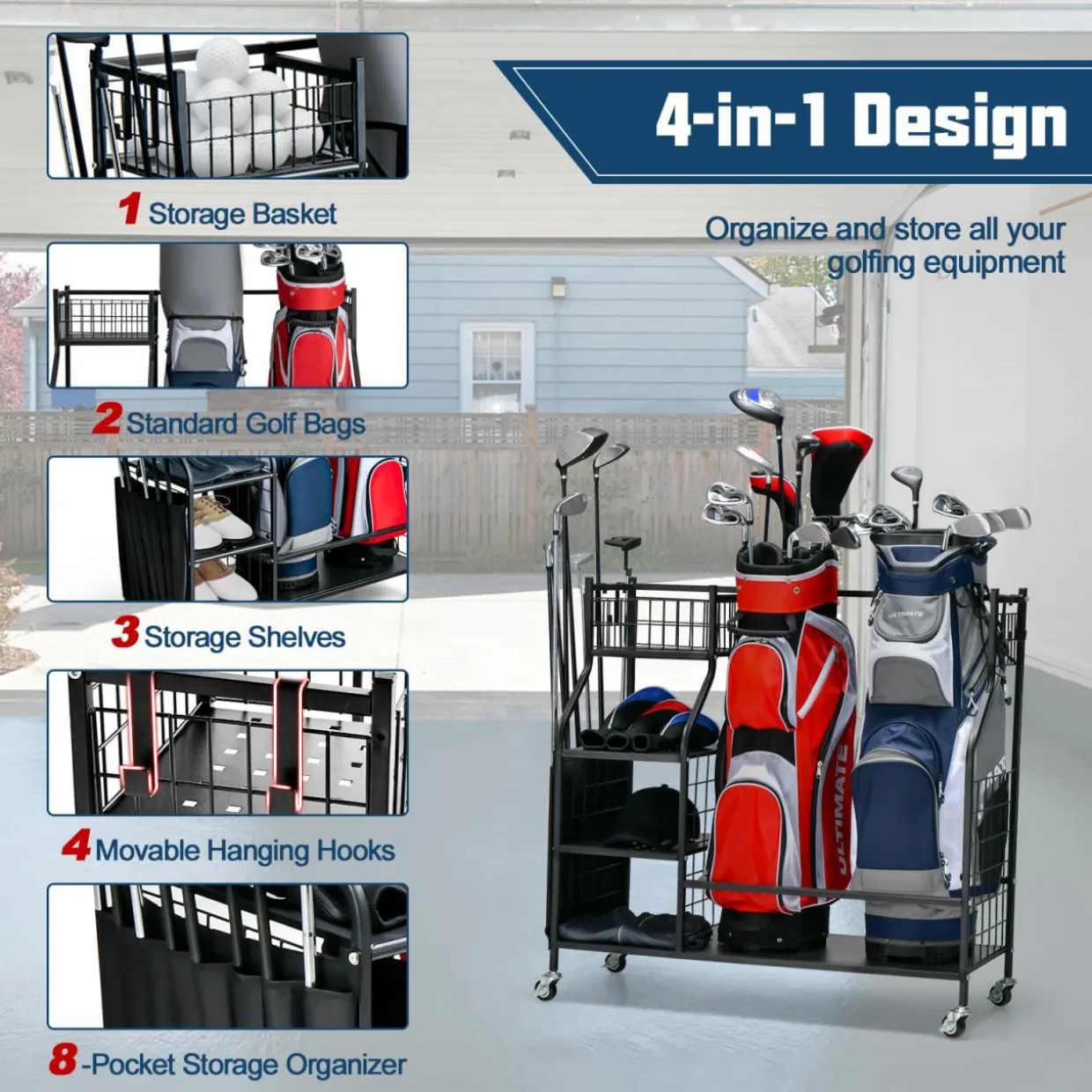 Tangkula Golf Bag Storage Rack for Garage, Golf Bag Organizer with Lockable Universal Wheels