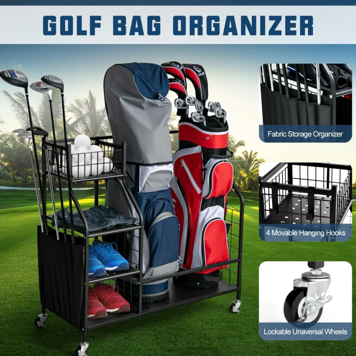 Tangkula Golf Bag Storage Rack for Garage, Golf Bag Organizer with Lockable Universal Wheels