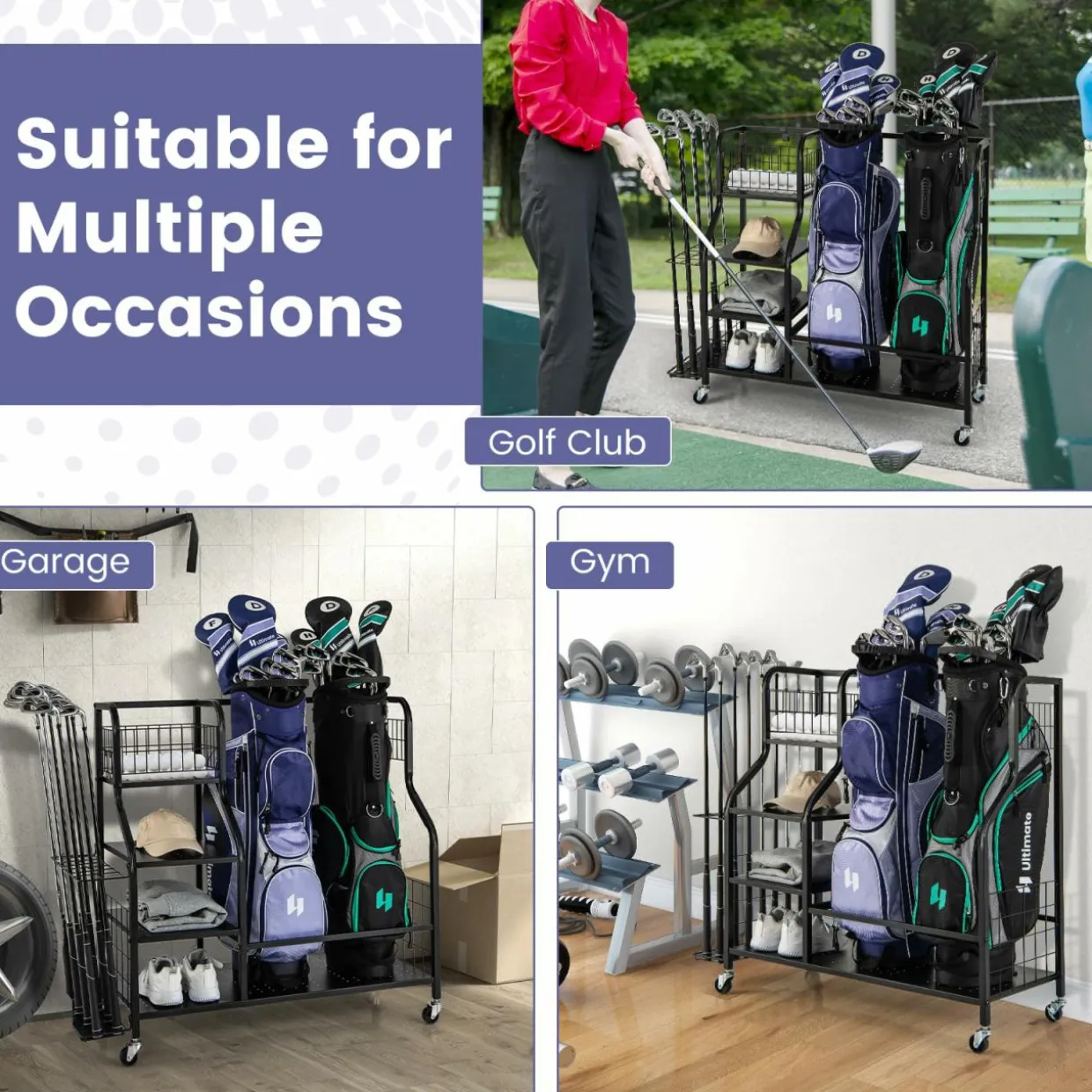 Tangkula Golf Bag Storage Rack for Garage, Golf Bags Stand with 3-Tire Storage Rack, Top Golf Basket