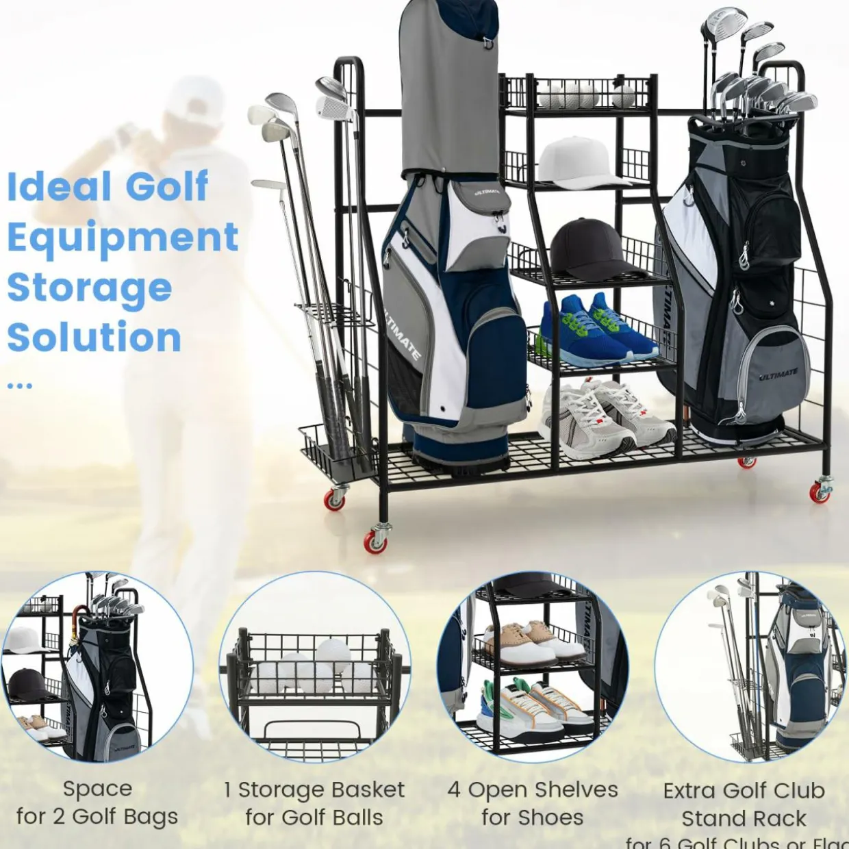 Tangkula Golf Bag Storage Rack for Garage, Heavy Duty Metal Double Golf Bag Storage Rack with Removable Golf Club Stand