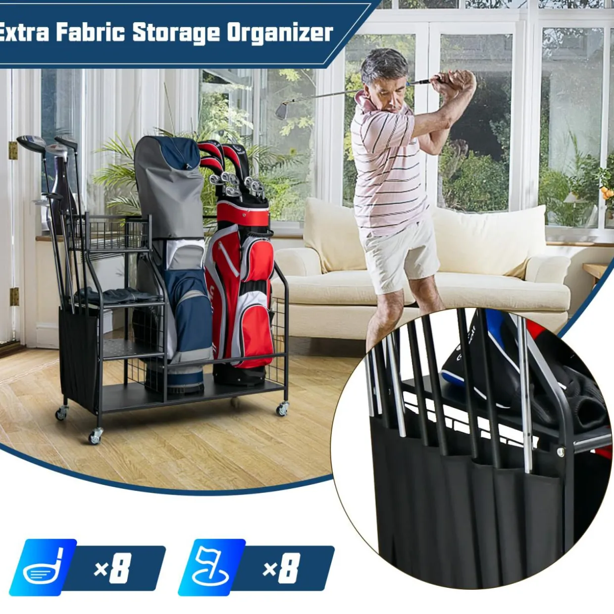 Tangkula Golf Bag Storage Rack for Garage, Golf Bag Organizer with Lockable Universal Wheels