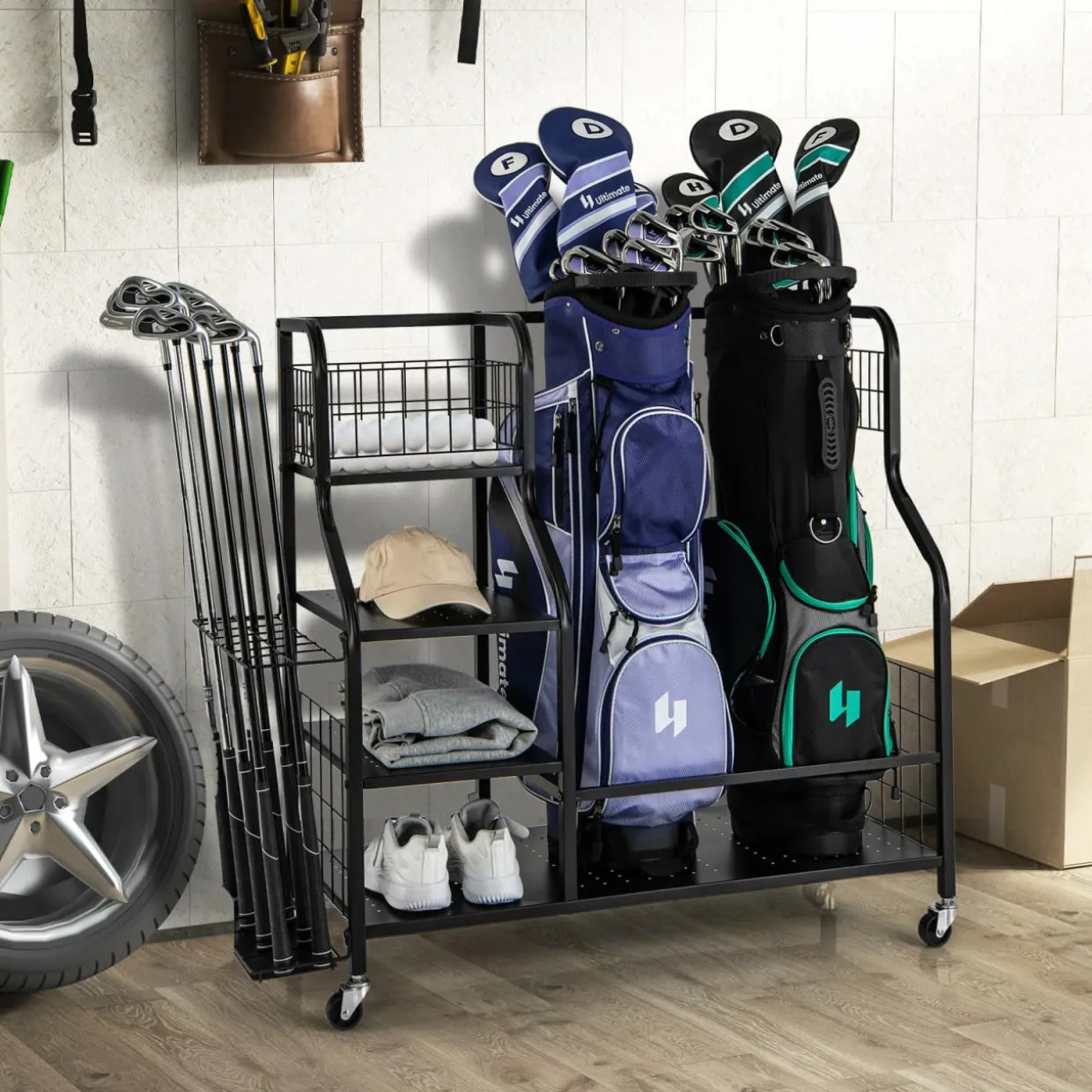 Tangkula Golf Bag Storage Rack for Garage, Golf Bags Stand with 3-Tire Storage Rack, Top Golf Basket