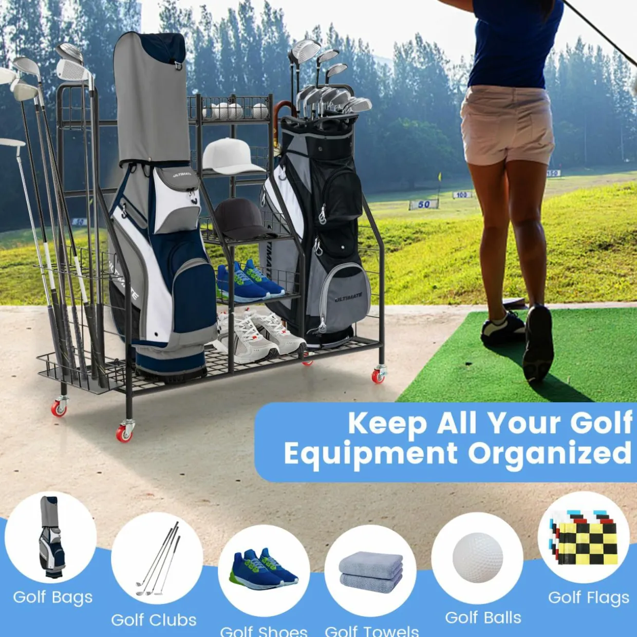Tangkula Golf Bag Storage Rack for Garage, Heavy Duty Metal Double Golf Bag Storage Rack with Removable Golf Club Stand