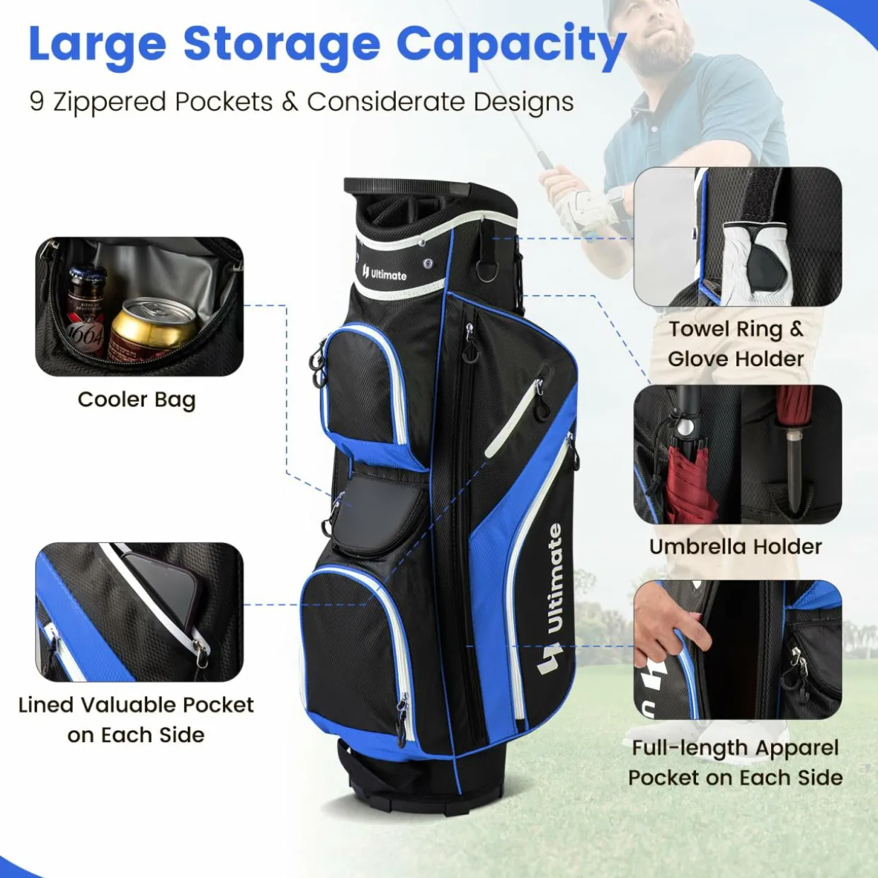 Tangkula Golf Cart Bag with 14 Way Top Dividers, Lightweight Golf Club Cart Bag with 9 Pockets