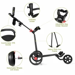 Tangkula Golf Push Cart, Lightweight Collapsible Golf Pull Cart, 3 Wheels Golf Trolley with Foot Brake Umbrella Holder & Cup Holder