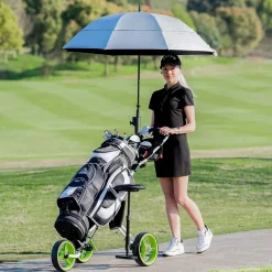 Tangkula Golf Push Cart with Seat, Lightweight Folding 3 Wheels Golf Pull Cart, Golf Trolley with Scoreboard Bag Foot Brake