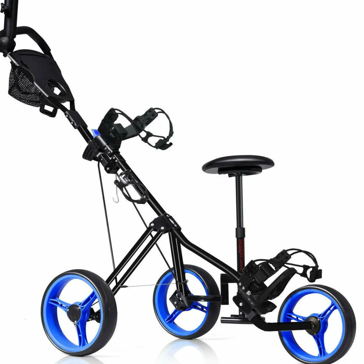 Tangkula Golf Push Cart with Seat, Lightweight Folding 3 Wheels Golf Pull Cart, Golf Trolley with Scoreboard Bag Foot Brake
