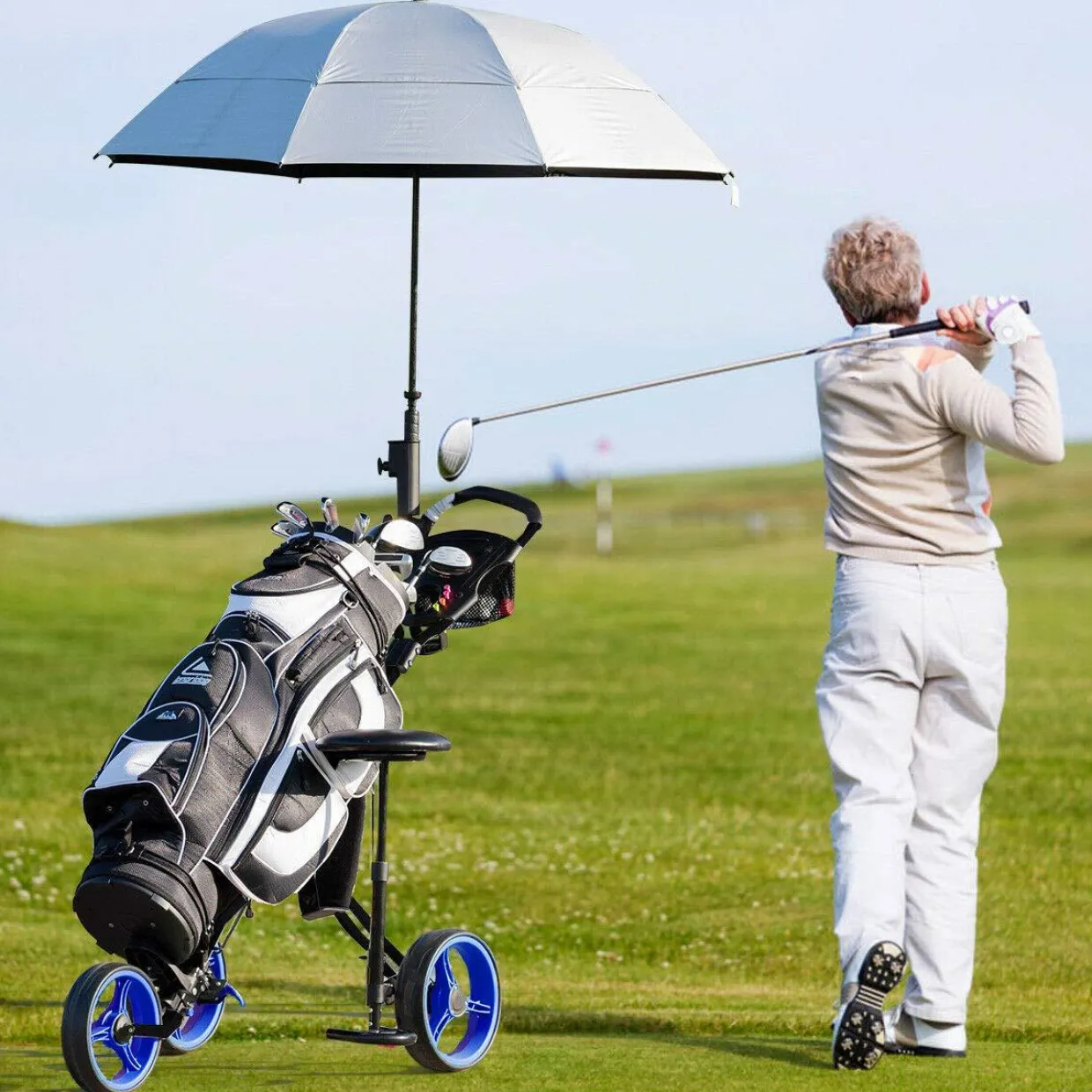 Tangkula Golf Push Cart with Seat, Lightweight Folding 3 Wheels Golf Pull Cart, Golf Trolley with Scoreboard Bag Foot Brake