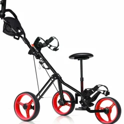Tangkula Golf Push Cart with Seat, Lightweight Folding 3 Wheels Golf Pull Cart, Golf Trolley with Scoreboard Bag Foot Brake