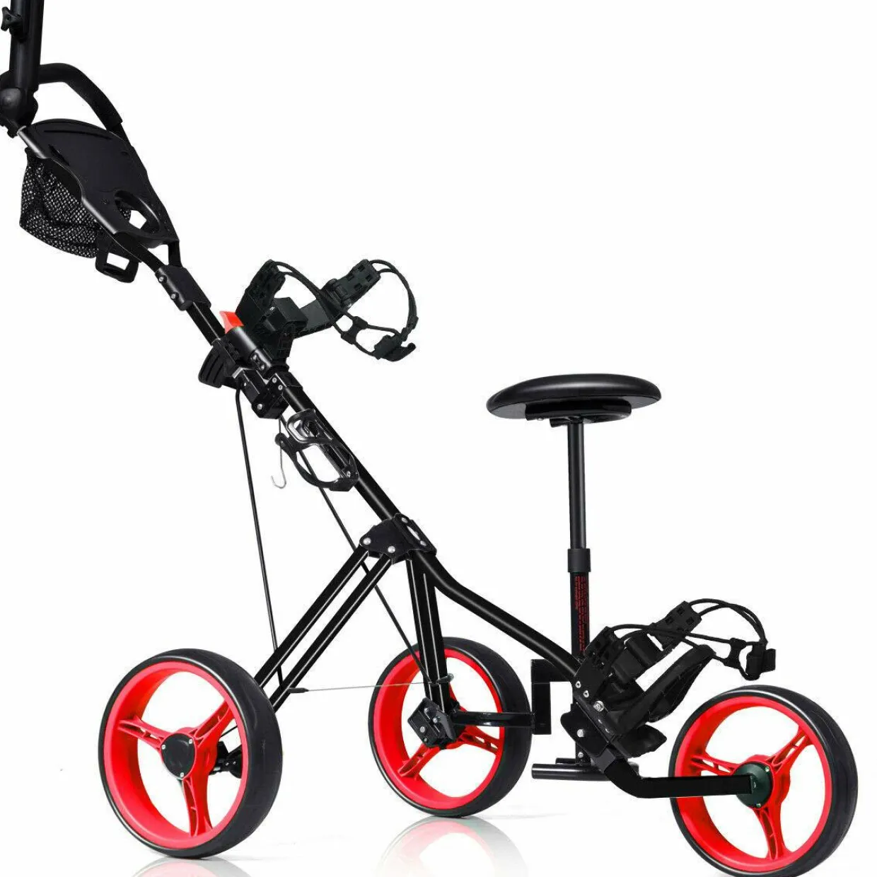 Tangkula Golf Push Cart with Seat, Lightweight Folding 3 Wheels Golf Pull Cart, Golf Trolley with Scoreboard Bag Foot Brake