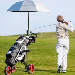 Tangkula Golf Push Cart with Seat, Lightweight Folding 3 Wheels Golf Pull Cart, Golf Trolley with Scoreboard Bag Foot Brake