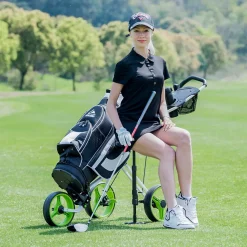 Tangkula Golf Push Cart with Seat, Lightweight Folding 3 Wheels Golf Pull Cart, Golf Trolley with Scoreboard Bag Foot Brake