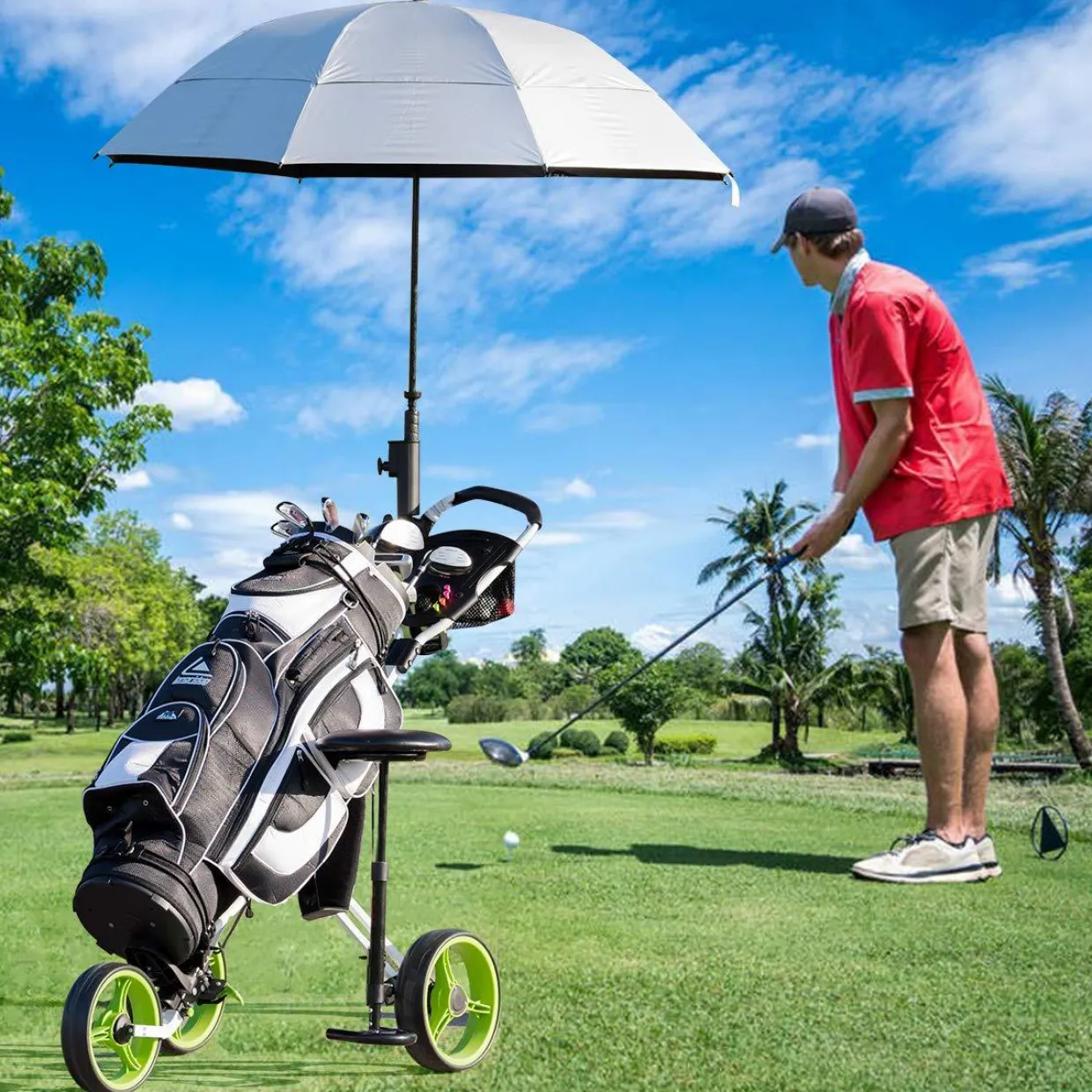 Tangkula Golf Push Cart with Seat, Lightweight Folding 3 Wheels Golf Pull Cart, Golf Trolley with Scoreboard Bag Foot Brake