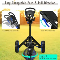 Tangkula Golf Push Cart with 360 Rotating Front Wheel, Aluminum Collapsible 3 Wheels Golf Pull Cart, Golf Trolley w/Elastic Strap