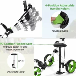 Tangkula Golf Push Cart with Seat, Lightweight Folding 3 Wheels Golf Pull Cart, Golf Trolley with Scoreboard Bag Foot Brake