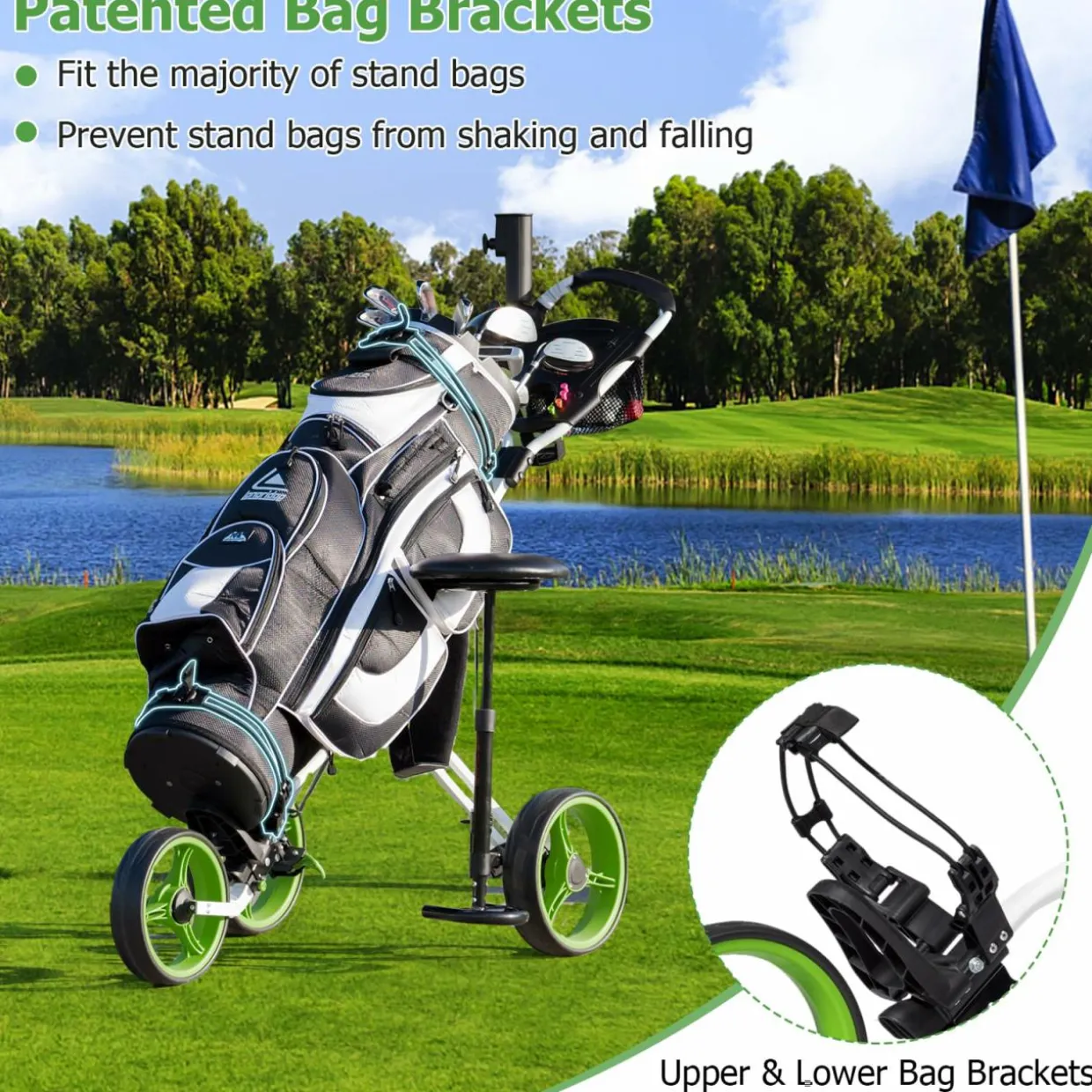 Tangkula Golf Push Cart with Seat, Lightweight Folding 3 Wheels Golf Pull Cart, Golf Trolley with Scoreboard Bag Foot Brake