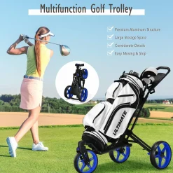 Tangkula Golf Push Cart with 360 Rotating Front Wheel, Aluminum Collapsible 3 Wheels Golf Pull Cart, Golf Trolley w/Elastic Strap