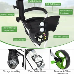 Tangkula Golf Push Cart with Seat, Lightweight Folding 3 Wheels Golf Pull Cart, Golf Trolley with Scoreboard Bag Foot Brake