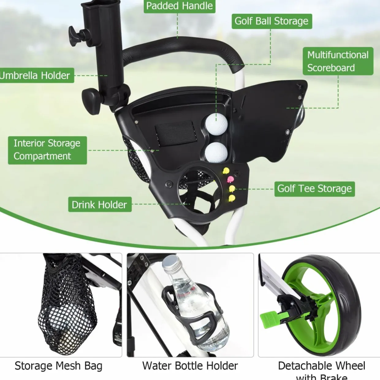 Tangkula Golf Push Cart with Seat, Lightweight Folding 3 Wheels Golf Pull Cart, Golf Trolley with Scoreboard Bag Foot Brake