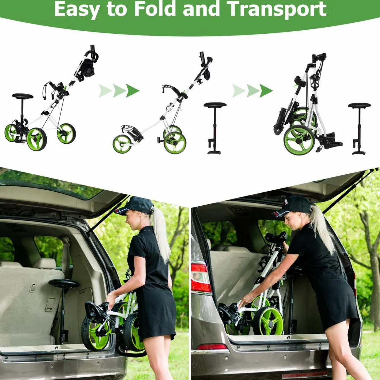 Tangkula Golf Push Cart with Seat, Lightweight Folding 3 Wheels Golf Pull Cart, Golf Trolley with Scoreboard Bag Foot Brake