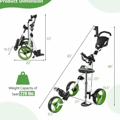 Tangkula Golf Push Cart with Seat, Lightweight Folding 3 Wheels Golf Pull Cart, Golf Trolley with Scoreboard Bag Foot Brake